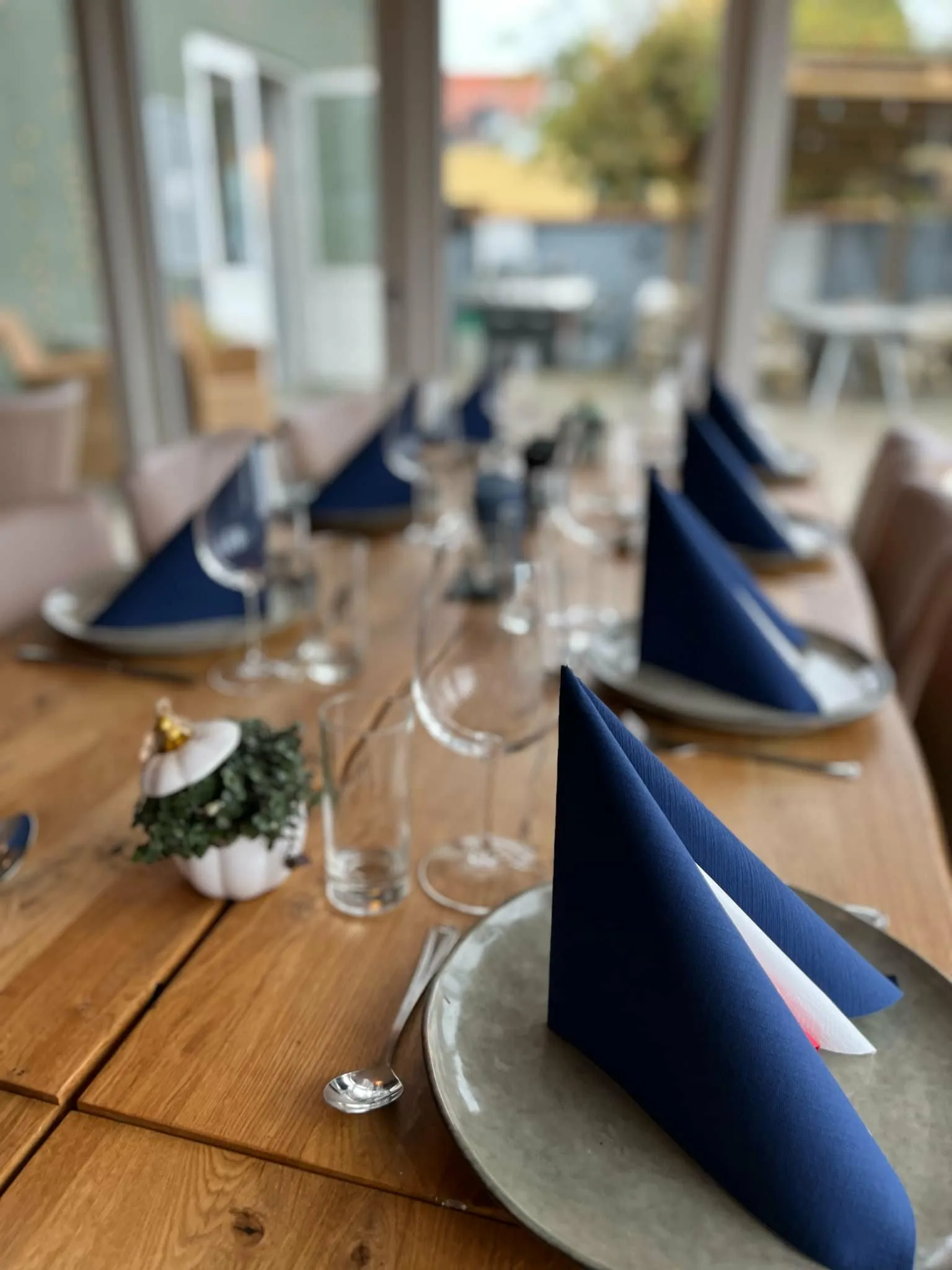 Opdækket bord hos Restaurant Marina's med blå servietter og glas